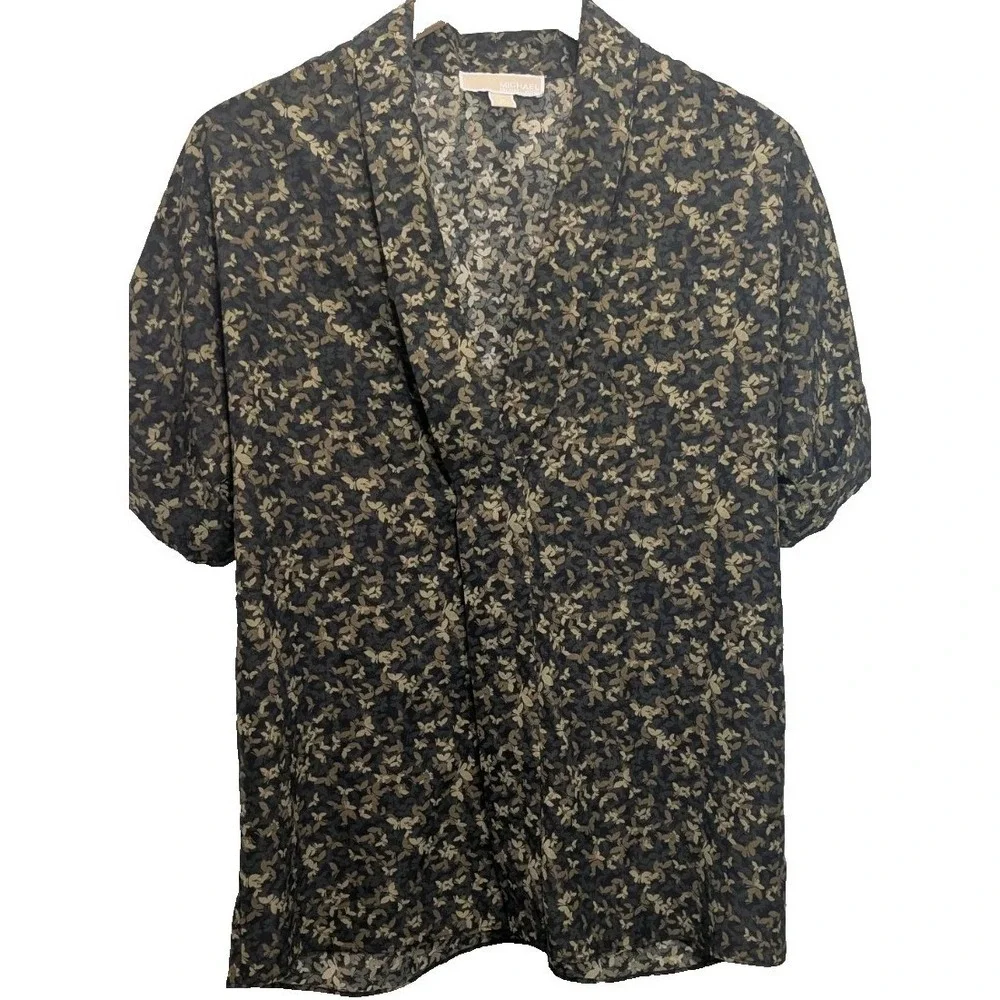 Michael Michael Kors Womens M Butterfly‎ Print Polyester Blouse Olive Gold